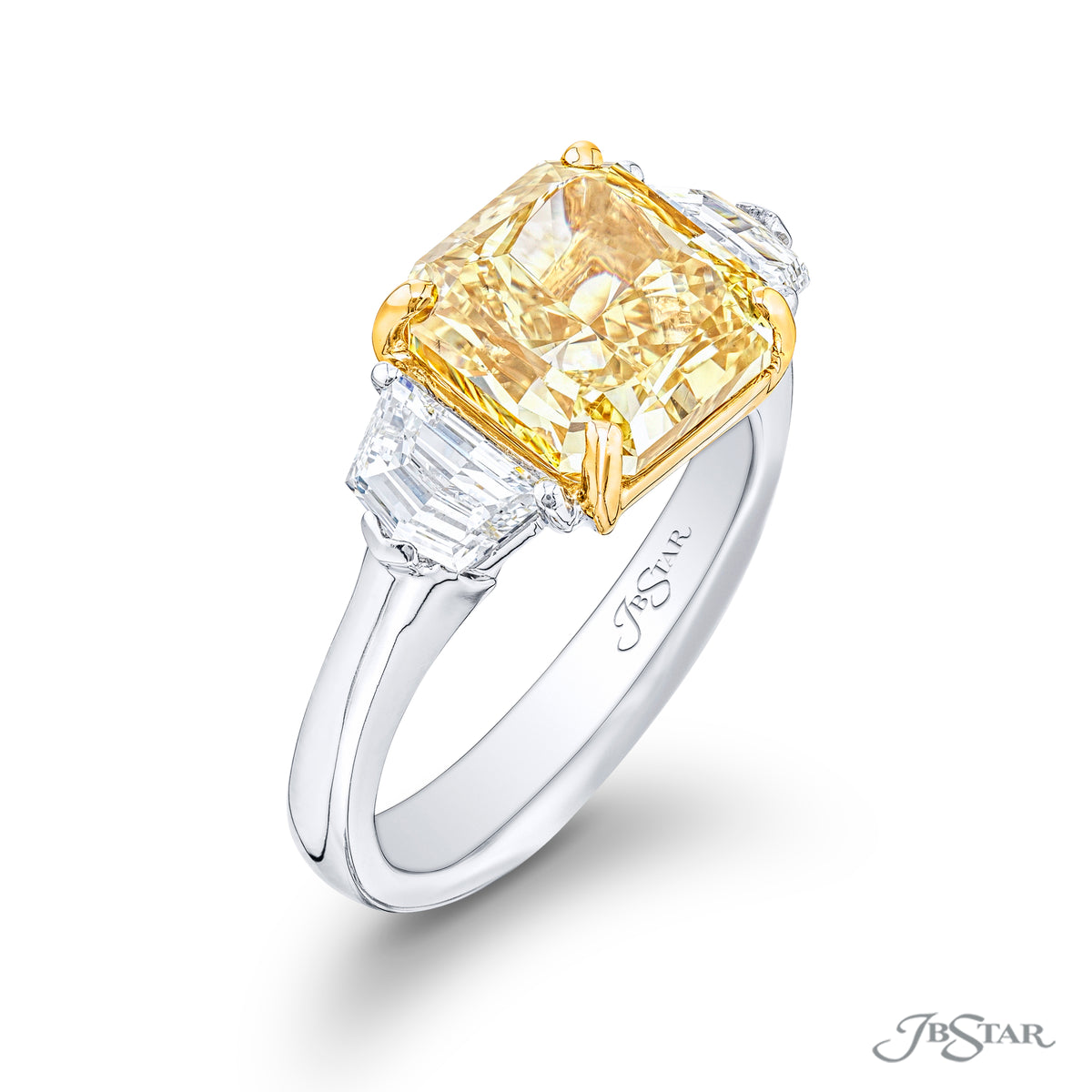JB Star Platinum and 18K Yellow Gold Ring with a 4.57ct Fancy Deep Yellow Radiant Cut Diamond