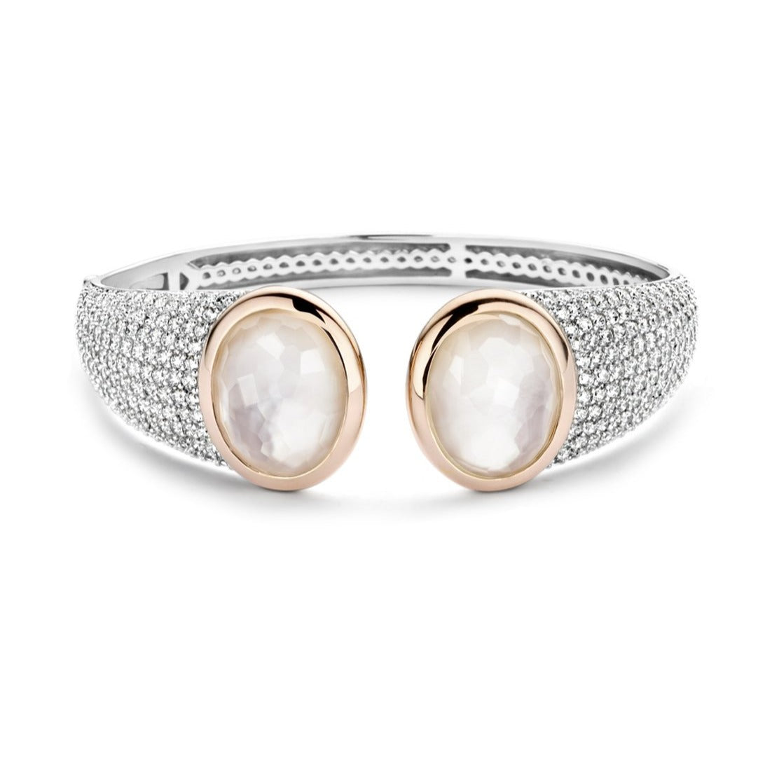 Ti Sento Sterling Silver Hinged Cuff with Pave Cubic Zirconia&#39;s and Faux Mother of Pearl Doublets