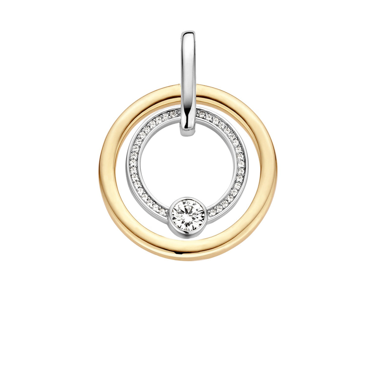 TI SENTO Sterling Silver Two Tone Double Circle Pendant with Cubic Zirconias