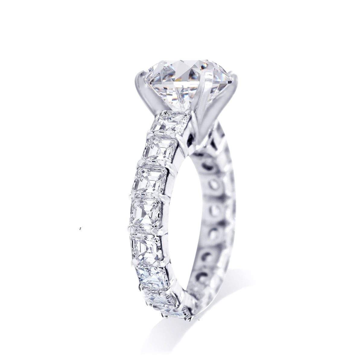 JB Star Platinum Diamond Ring with Round Brilliant Cut Center and Assher Eternity Band