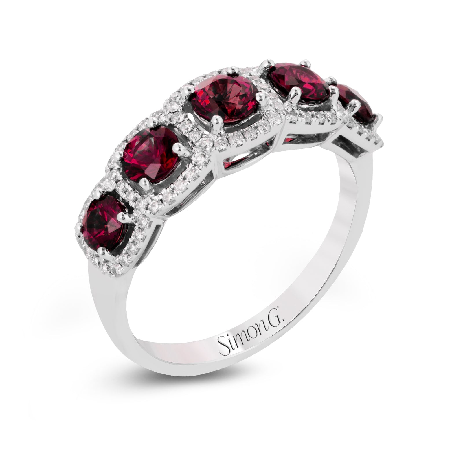 Simon G 18K White Gold Ruby and Diamond Halo Anniversary Band