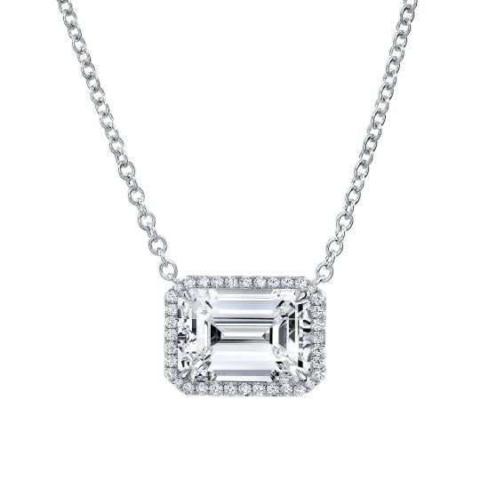 Rahaminov 18K White Gold Halo Emerald Cut Diamond Necklace