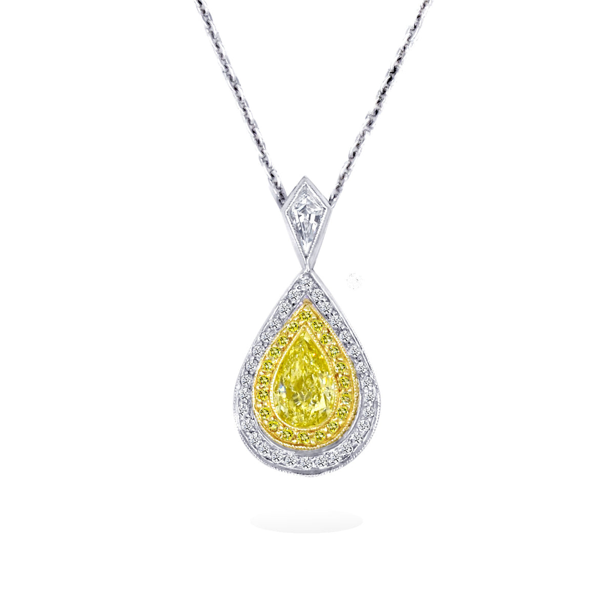 JB Star Platinum and 18K Yellow Gold Pear Shaped Pendant with a Yellow Diamond