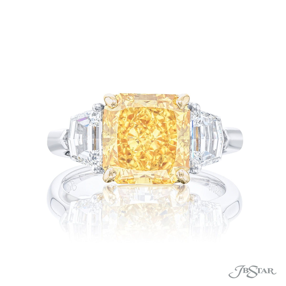 JB Star Platinum and 18K Yellow Gold Ring with a 4.57ct Fancy Deep Yellow Radiant Cut Diamond