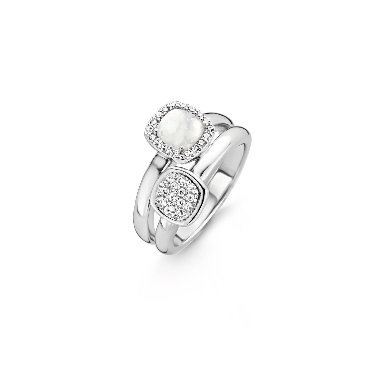 TI SENTO Sterling Silver Ring with Cushion Cubic Zirconia Pave and Mother of Pearl Like Stone with Cubic Zirconia Halo