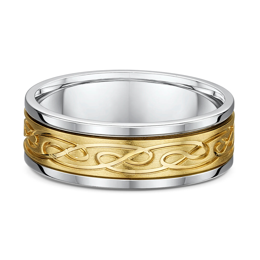 Gents 14K Two Tone 7.5mm Band with Movable Inner Gold Scroll Design Band 