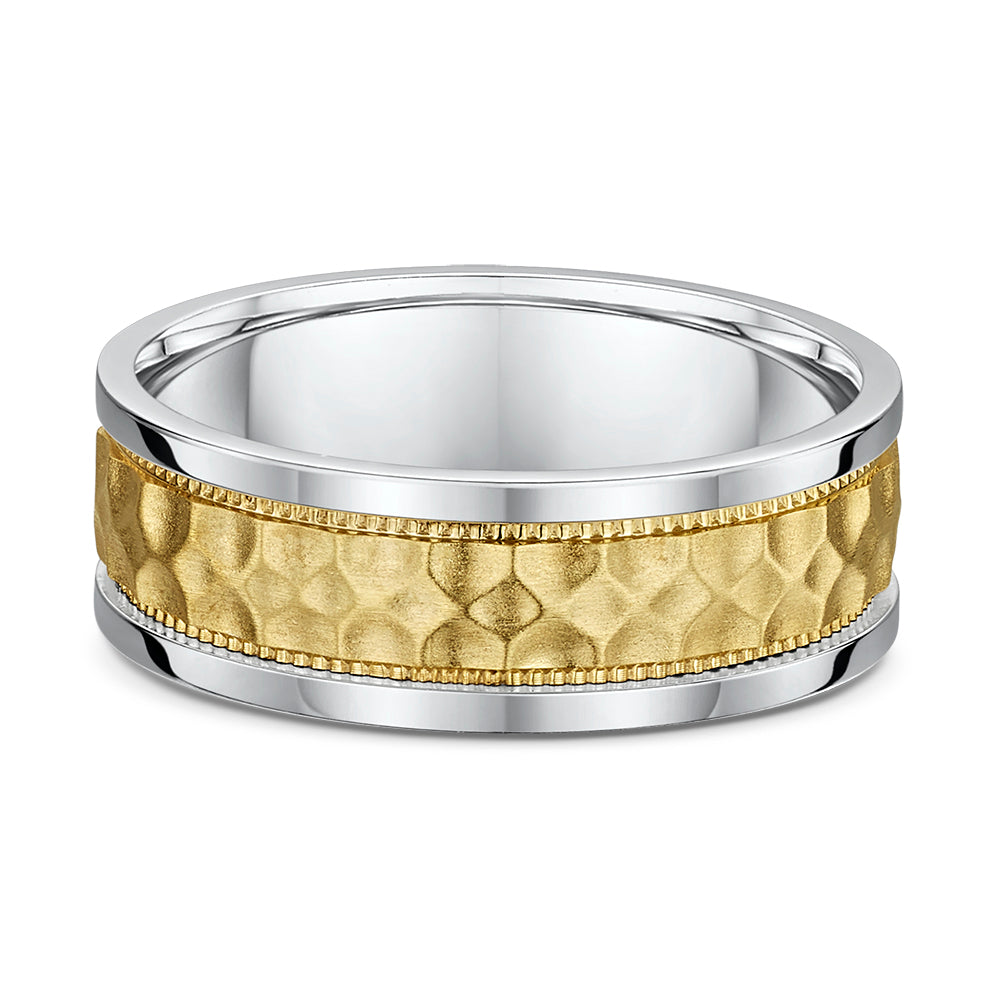 Gents 14K Two Tone 7mm Band with Gold Hammered Finish Center and Milgrain