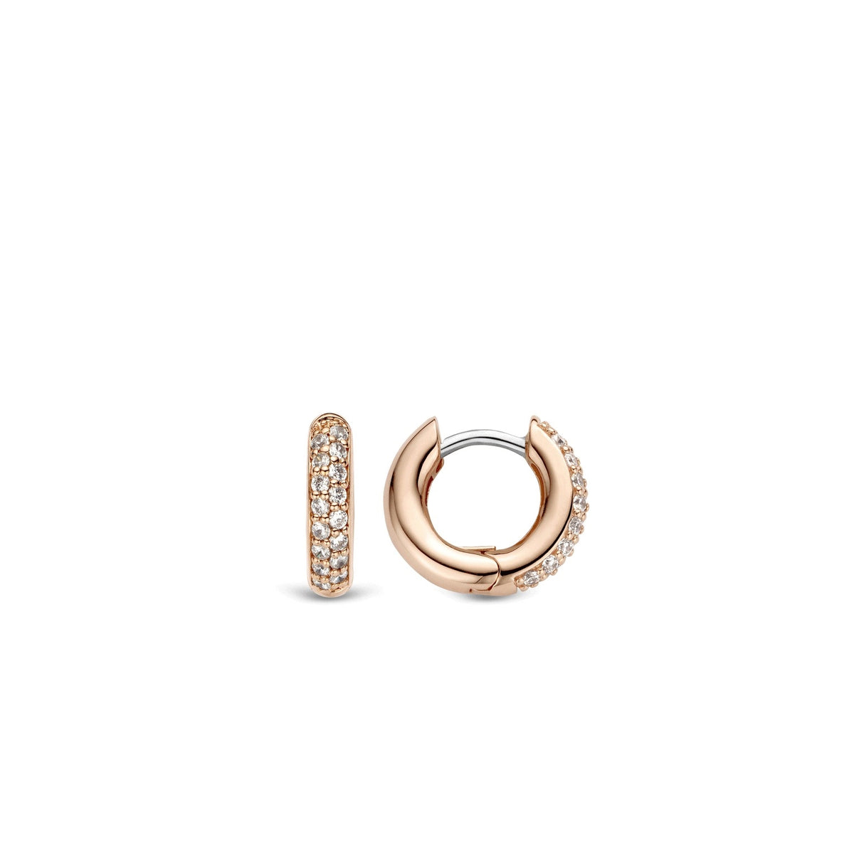 TI SENTO Sterling Silver Rose Tone Huggie Earrings with Pave Cubic Zirconia
