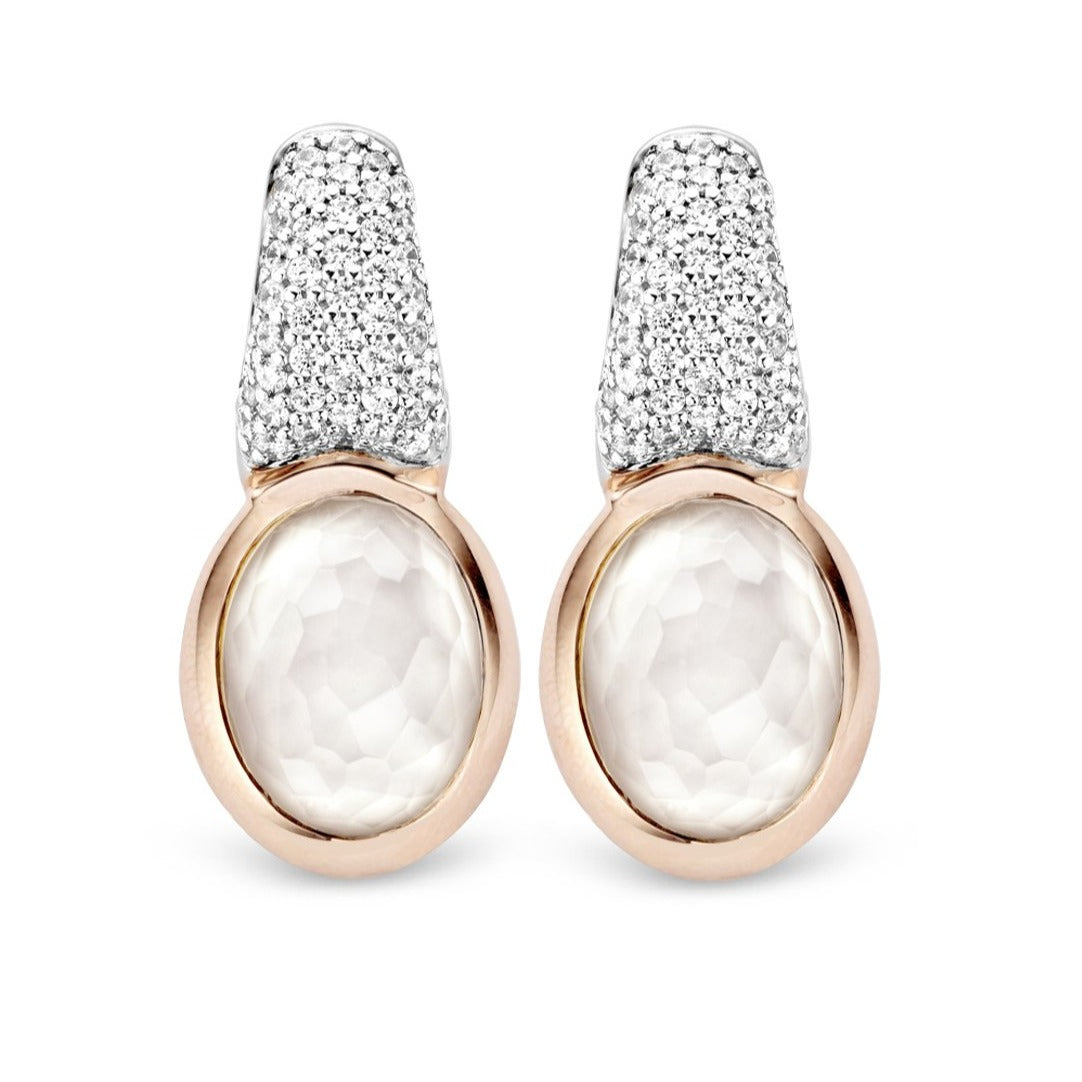 TI SENTO Sterling Silver and Rose Tone Earrings with Cubic Zirconia and Faux Mother of Pearl Doublets