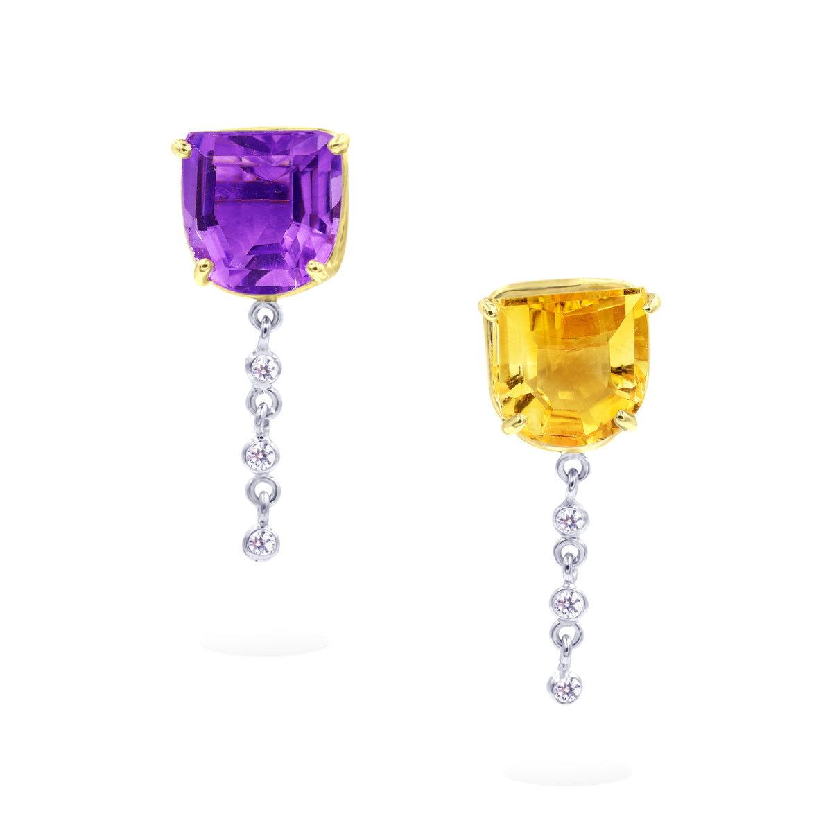14K Two Tone Amethyst and Citrine Diamond Dangle Earrings