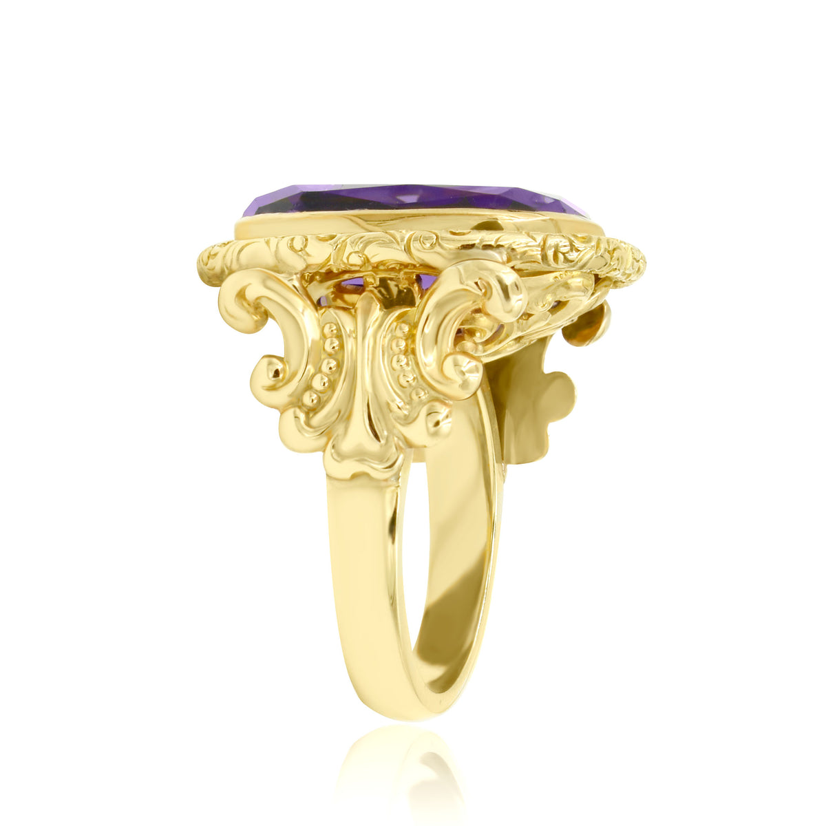 14K Yellow Gold Ornate Design Amethyst Ring