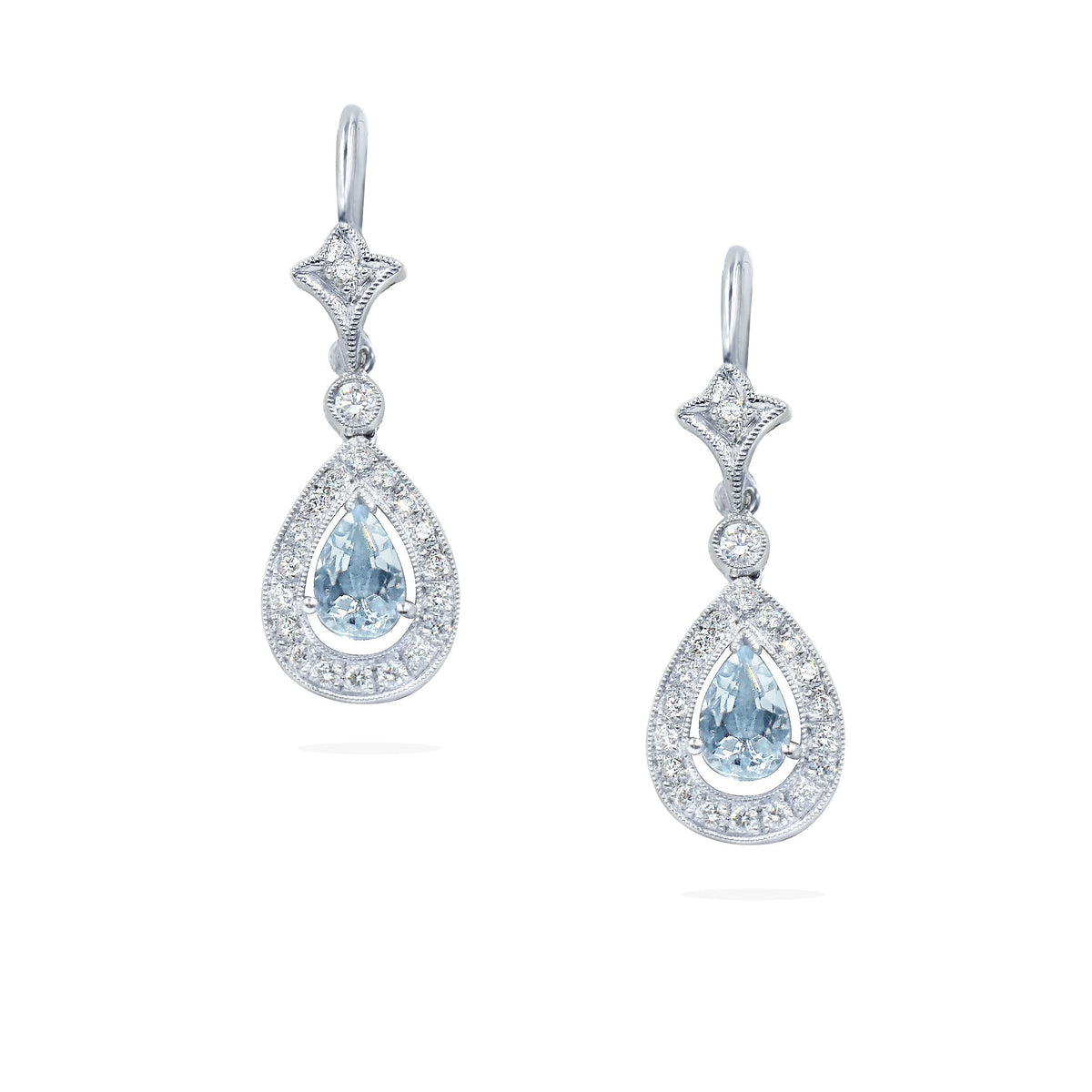 18K White Gold Aquamarine and Diamond Pear Drop Earrings