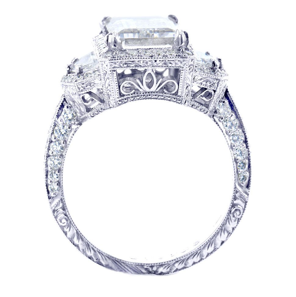 Beaudry Platinum 4.02ct Emerald Cut Halo Diamond Ring with Hexagonal Half Moon Side Diamonds