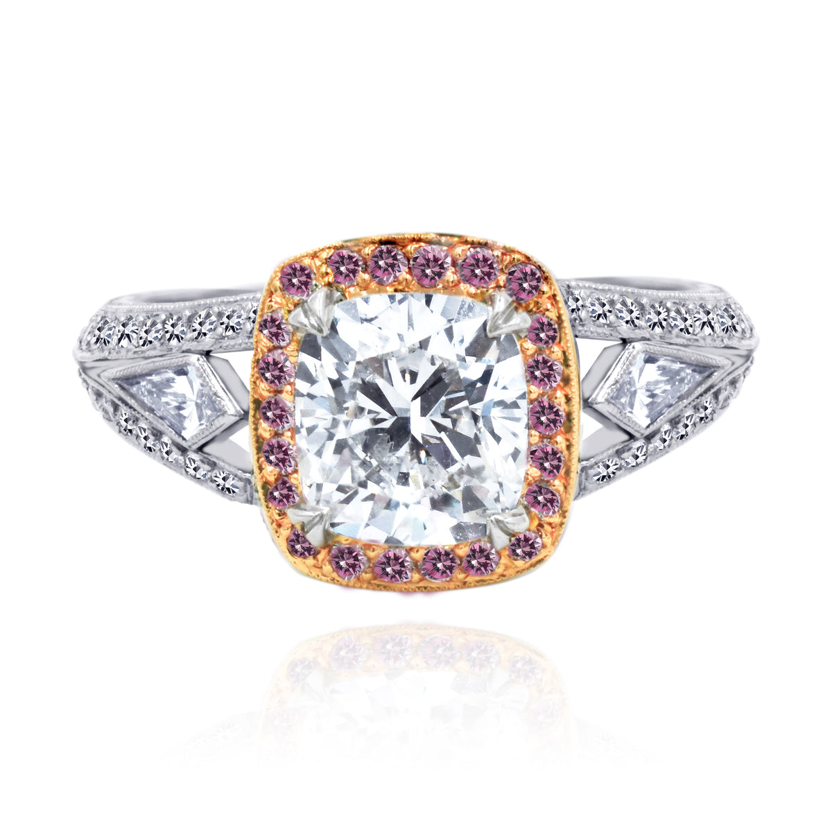 Beaudry Platinum and 18K Rose Gold Cushion Cut Diamond Ring
