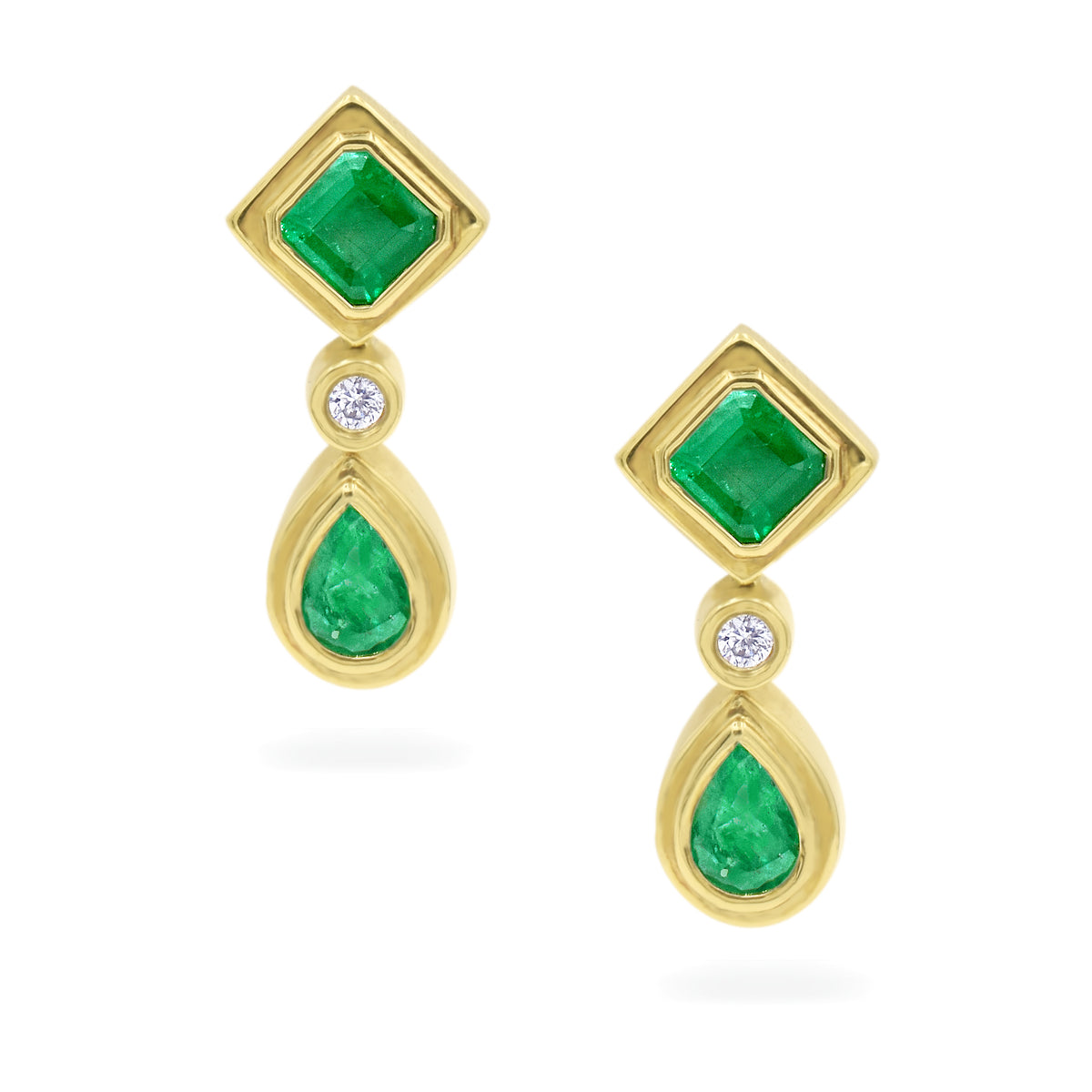 18K Yellow Gold Emerald and Diamond Dangle Earrings