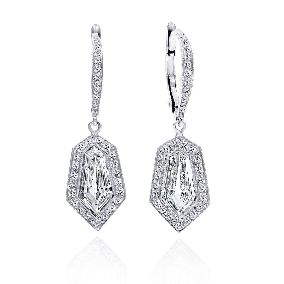 JB Star Platinum Halo Earrings with Kite Shaped Diamonds