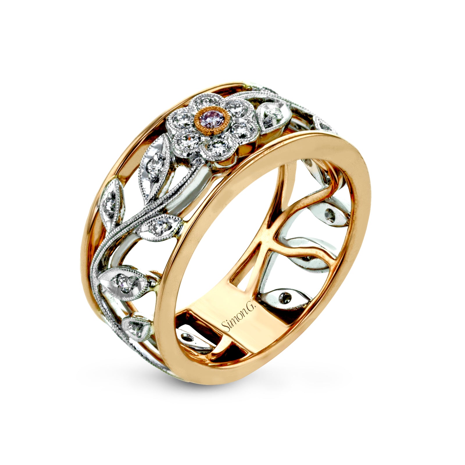 Simon G 18K Two Tone Flower Design Band