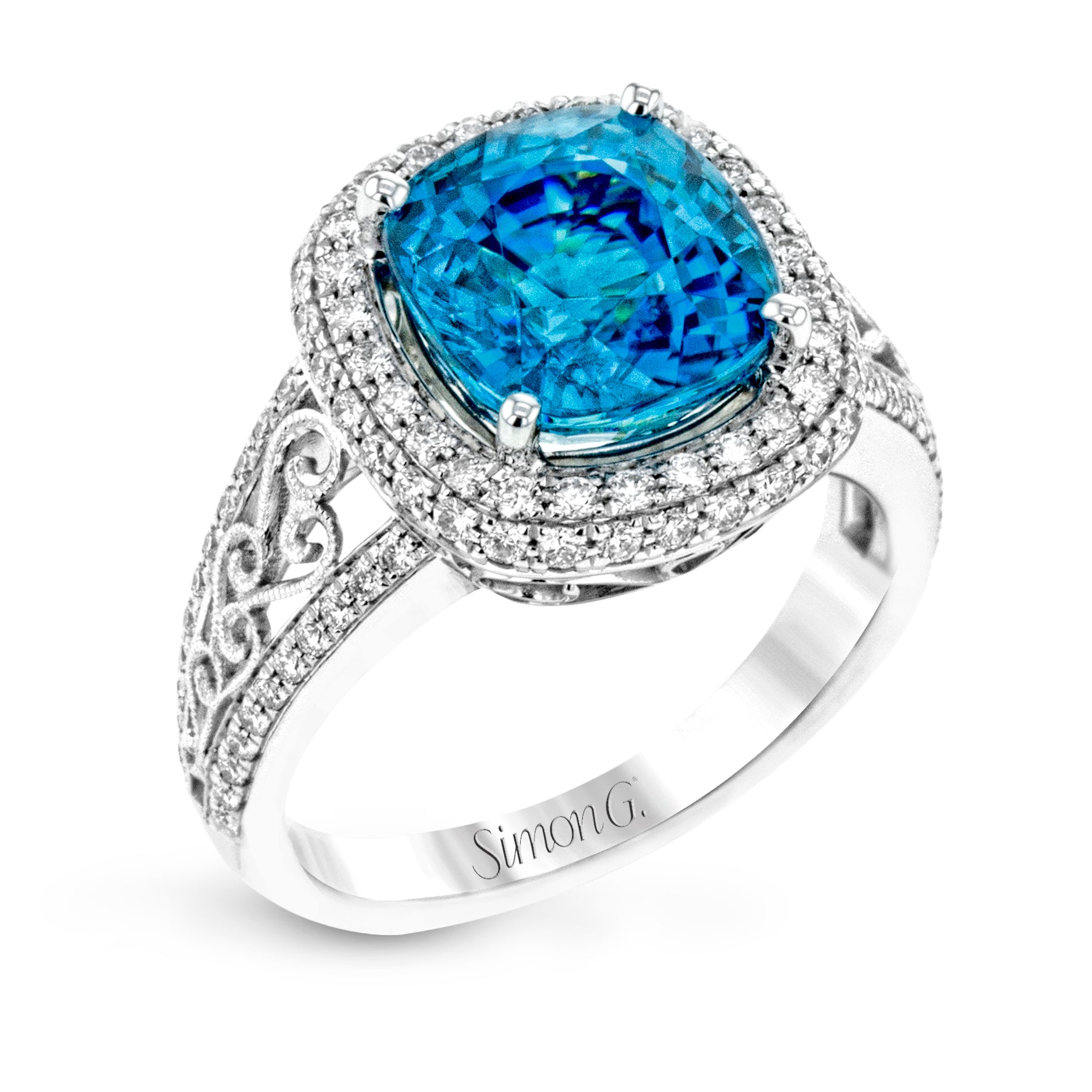 Simon G 18K White Gold Blue Zircon and Diamond Ring