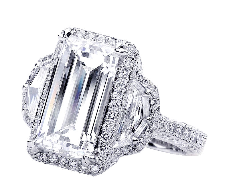 Beaudry Platinum 4.02ct Emerald Cut Halo Diamond Ring with Hexagonal Half Moon Side Diamonds