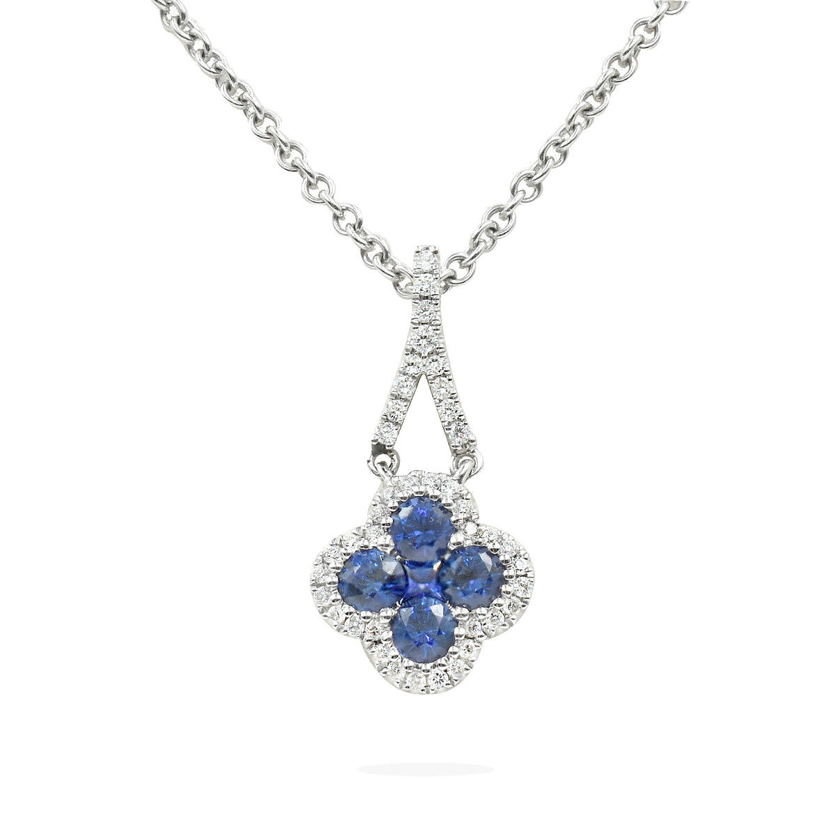 18K White Gold Clover Pendant with Sapphires and Diamonds