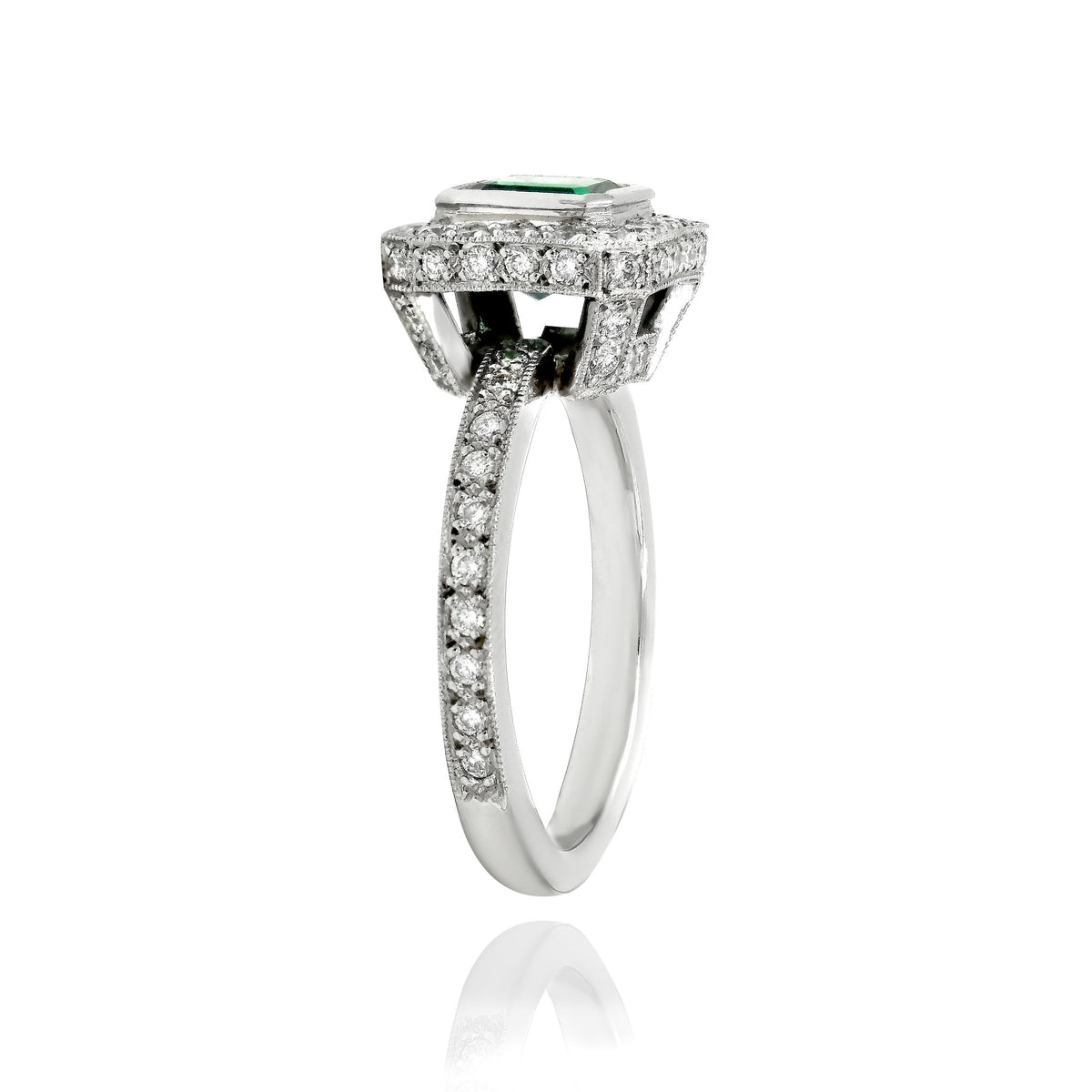 Platinum Emerald and Diamond Halo Ring